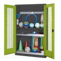 C+P Modul-Sportgeräteschrank "Komplettausstattung" mit Lochblech-Flügeltüren, HxBxT 195x120x50 cm Clowngrün (RAL 110 80 60), Anthrazit (RAL 7021), Einzelschließung, Ergo-Lock Muldengriff