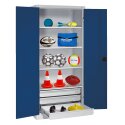 C+P Sportgeräteschrank mit Schubladen und Vollblech-Flügeltüren (Typ 4), HxBxT 195x120x50 cm Enzianblau (RAL 5010), Lichtgrau (RAL 7035), Gleichschließung, Ergo-Lock Muldengriff