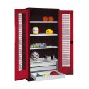 C+P Sportgeräteschrank mit Schubladen und Lochblech-Flügeltüren (Typ 4),  HxBxT 195x120x50 cm Rubinrot (RAL 3003), Anthrazit (RAL 7021), Gleichschließung, Ergo-Lock Muldengriff