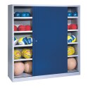 C+P Ballschrank mit Vollblech-Schiebetüren (Typ 4), HxBxT 195x120x50 cm Enzianblau (RAL 5010), Lichtgrau (RAL 7035), Gleichschließung