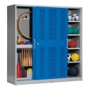 C+P Sportgeräteschrank mit Lochblech-Schiebetüren (Typ 5), HxBxT 195x190x60 cm Enzianblau (RAL 5010), Lichtgrau (RAL 7035), Gleichschließung