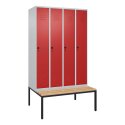 C+P Garderobenschrank "Classic Plus", Abteilbreite 30 cm, mit Sitzbank 212x120x50 cm/ 4 Fächer, Feuerrot (RAL 3000)