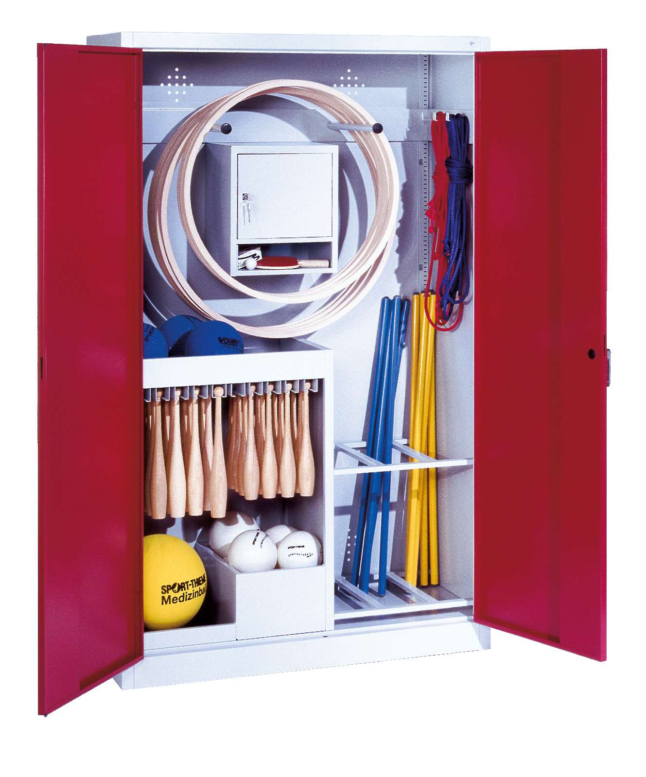C+P Sportgeräteschrank mit Vollblech-Flügeltüren (Typ 1), HxBxT 195x120x50 cm, Rubinrot (RAL 3003), Einzelschließung