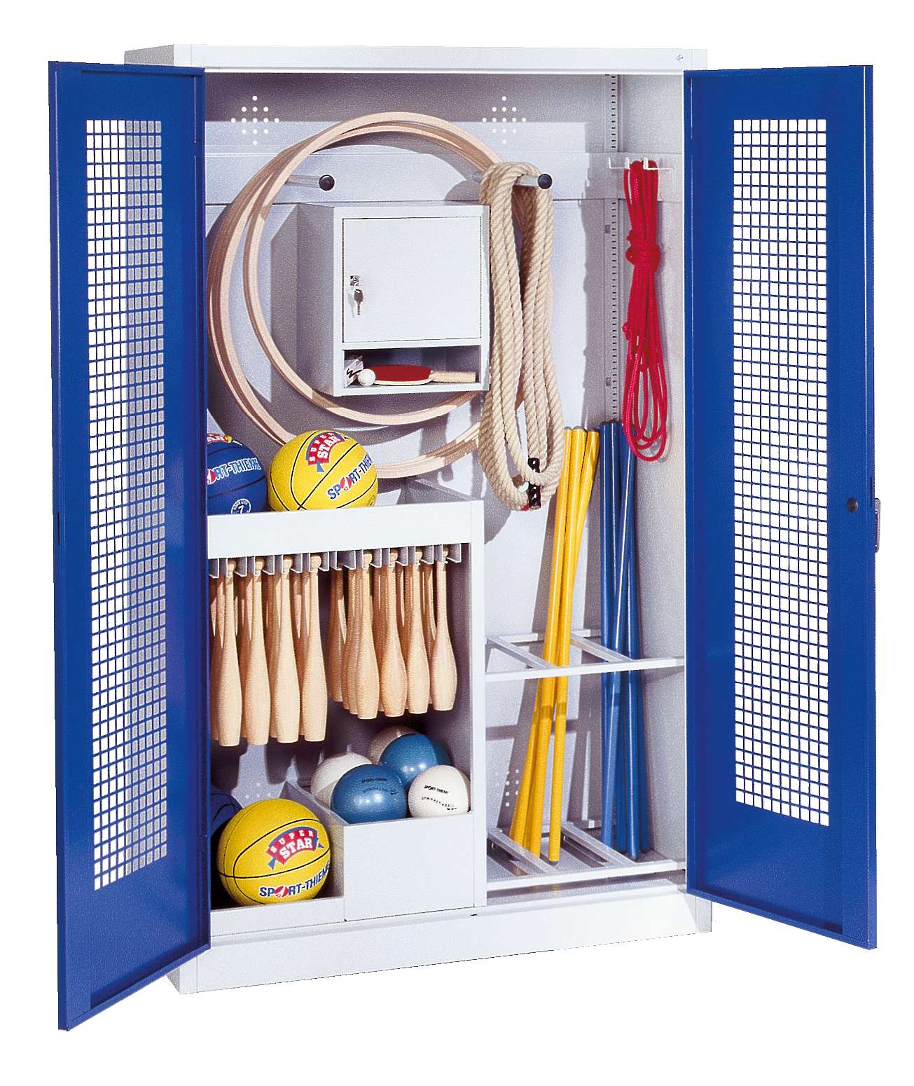 C+P Sportgeräteschrank mit Lochblech-Flügeltüren (Typ 1), HxBxT 195x120x50 cm, Enzianblau (RAL 5010), Einzelschließung