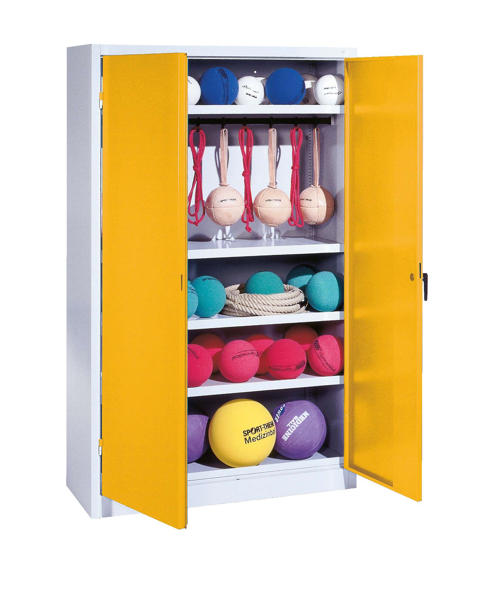 C+P Sportgeräteschrank mit Vollblech-Flügeltüren (Typ 2), HxBxT 195x120x50 cm, Ergo-Lock Muldengriff, Goldgelb (RAL 1004), Lichtgrau (RAL 7035), Einzelschließung