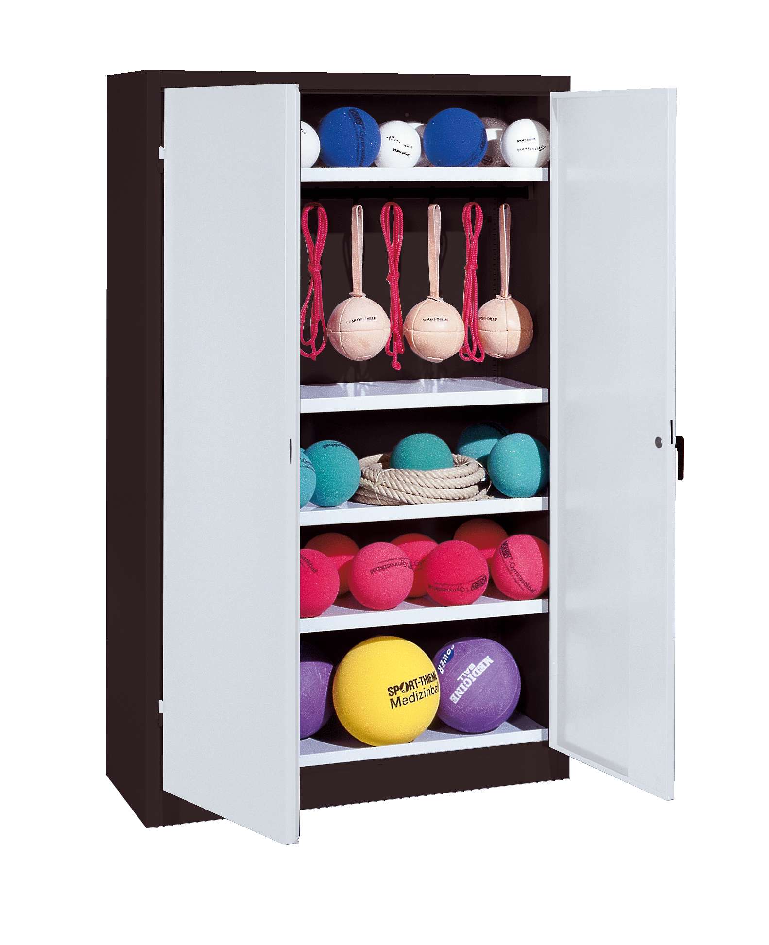 C+P Sportgeräteschrank mit Vollblech-Flügeltüren (Typ 2), HxBxT 195x120x50 cm, Lichtgrau (RAL 7035), Ergo-Lock Muldengriff, Anthrazit (RAL 7021), Einzelschließung