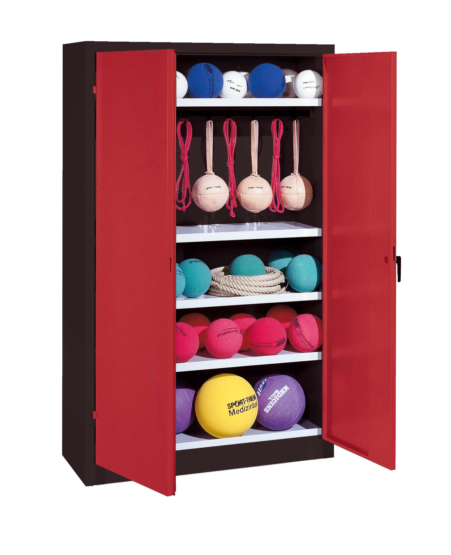 C+P Sportgeräteschrank mit Vollblech-Flügeltüren (Typ 2), HxBxT 195x120x50 cm, Ergo-Lock Muldengriff, Rubinrot (RAL 3003), Anthrazit (RAL 7021), Gleichschließung