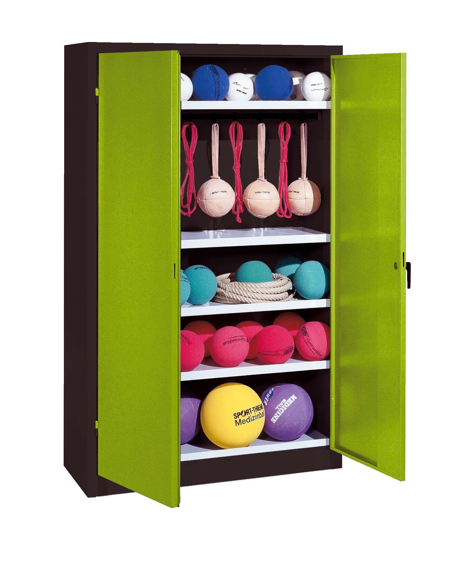 C+P Sportgeräteschrank mit Vollblech-Flügeltüren (Typ 2), HxBxT 195x120x50 cm, Ergo-Lock Muldengriff, Clowngrün (RAL 110 80 60), Anthrazit (RAL 7021), Gleichschließung