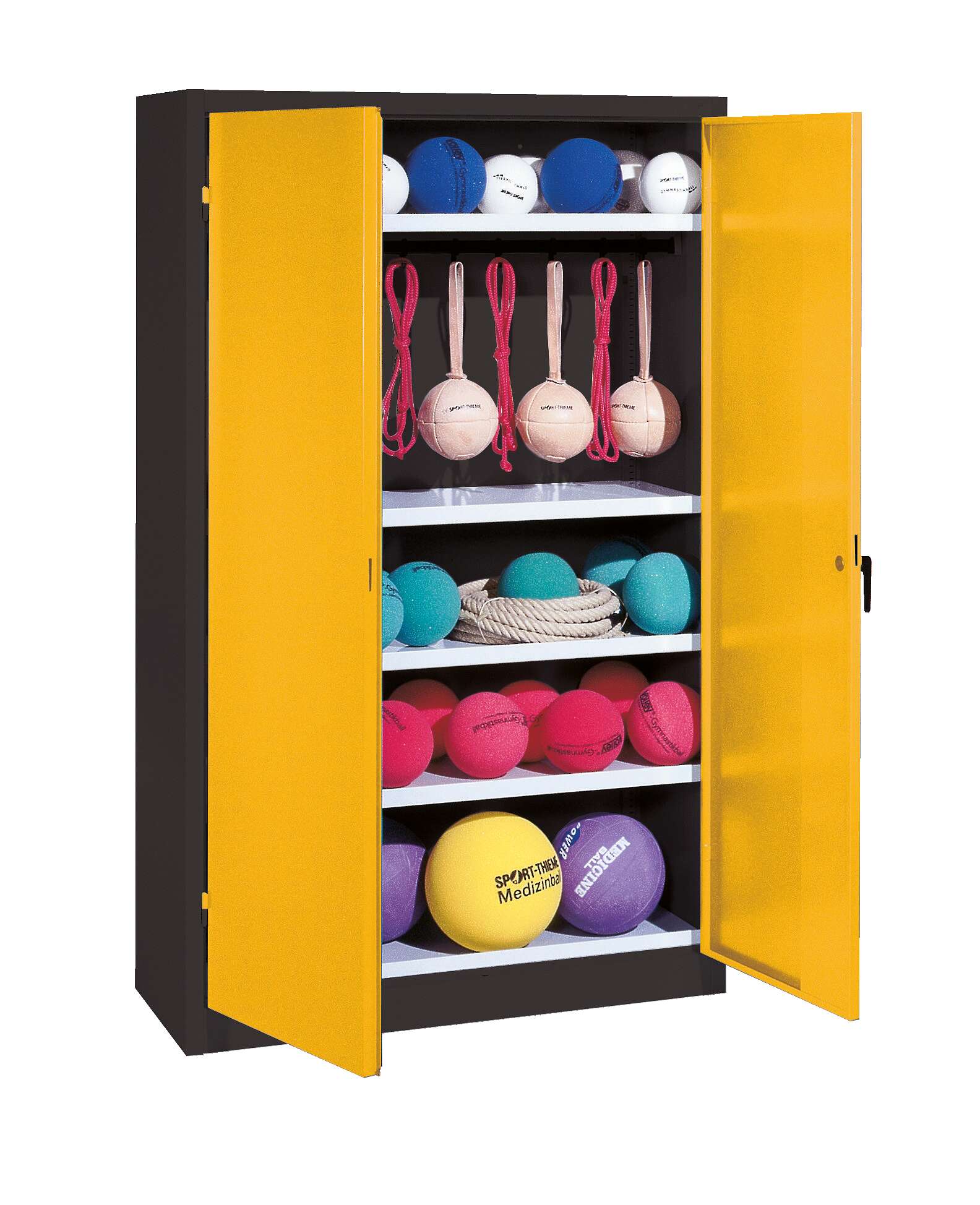 C+P Sportgeräteschrank mit Vollblech-Flügeltüren (Typ 2), HxBxT 195x120x50 cm, Ergo-Lock Muldengriff, Goldgelb (RAL 1004), Anthrazit (RAL 7021), Einzelschließung