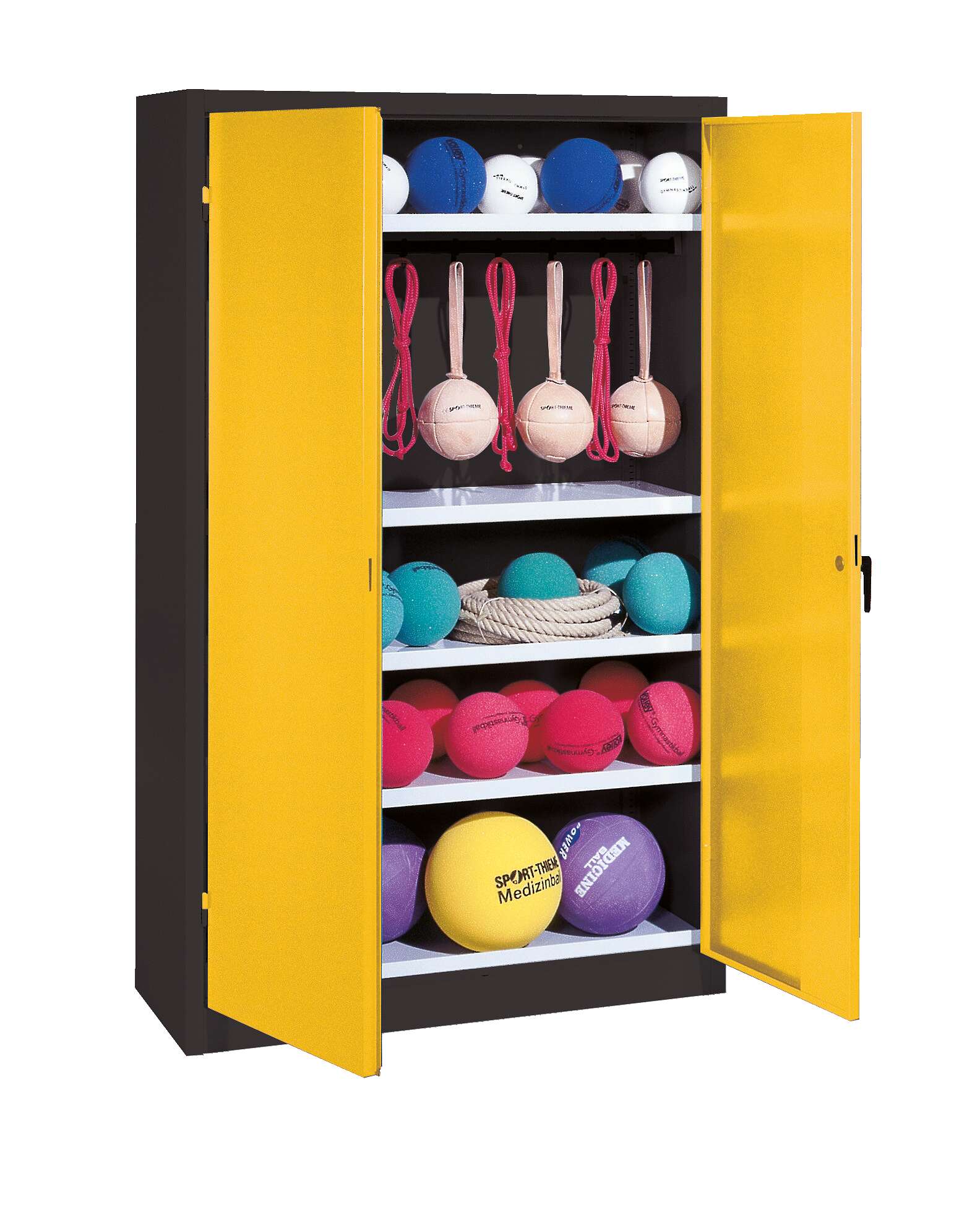 C+P Sportgeräteschrank mit Vollblech-Flügeltüren (Typ 2), HxBxT 195x120x50 cm, Ergo-Lock Muldengriff, Verkehrsgelb (RAL 1023), Anthrazit (RAL 7021), Gleichschließung