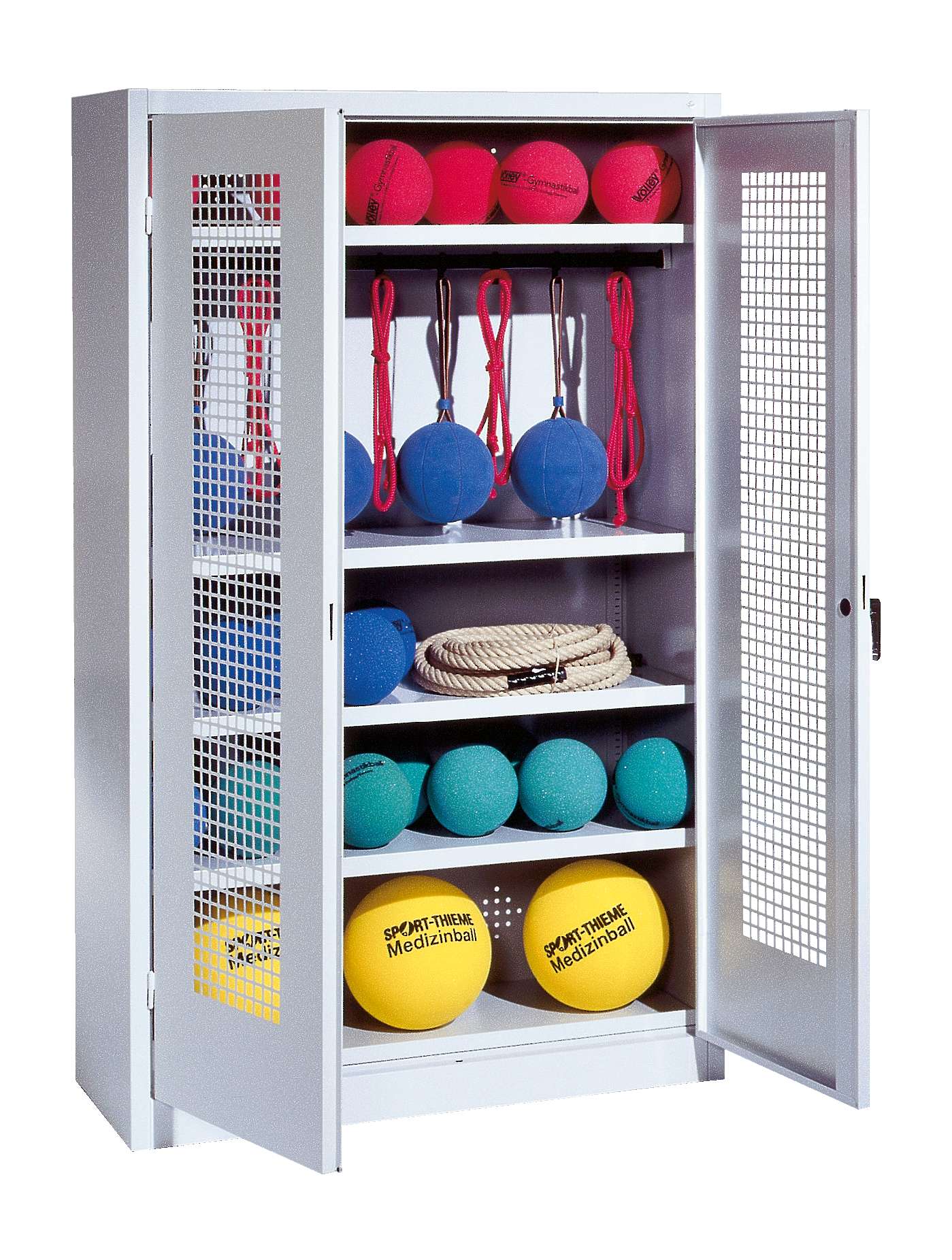 C+P Sportgeräteschrank mit Lochblech-Flügeltüren (Typ 2), HxBxT 195x120x50 cm, Klinkengriff, Einzelschließung