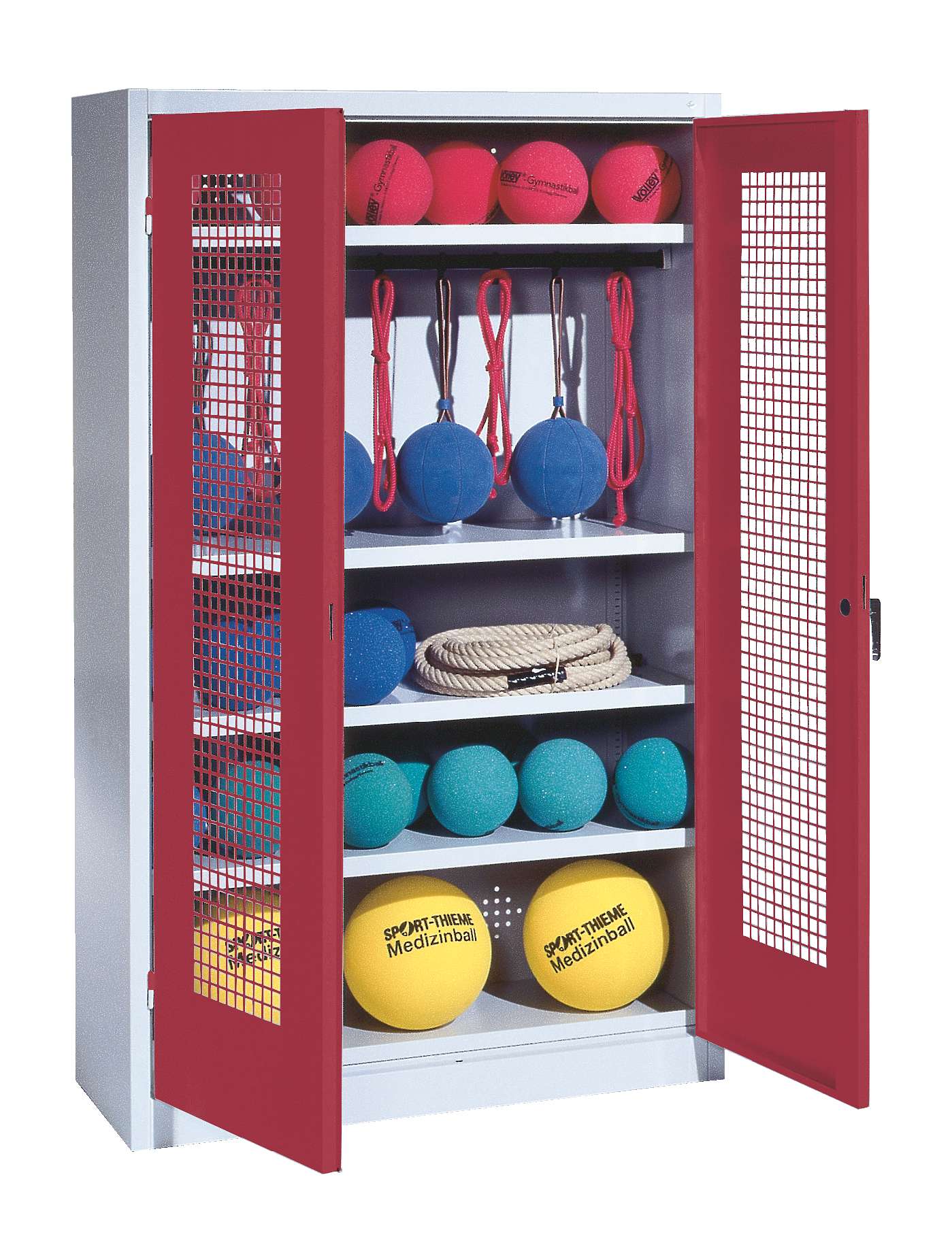 C+P Sportgeräteschrank mit Lochblech-Flügeltüren (Typ 2), HxBxT 195x120x50 cm, Rubinrot (RAL 3003), Einzelschließung