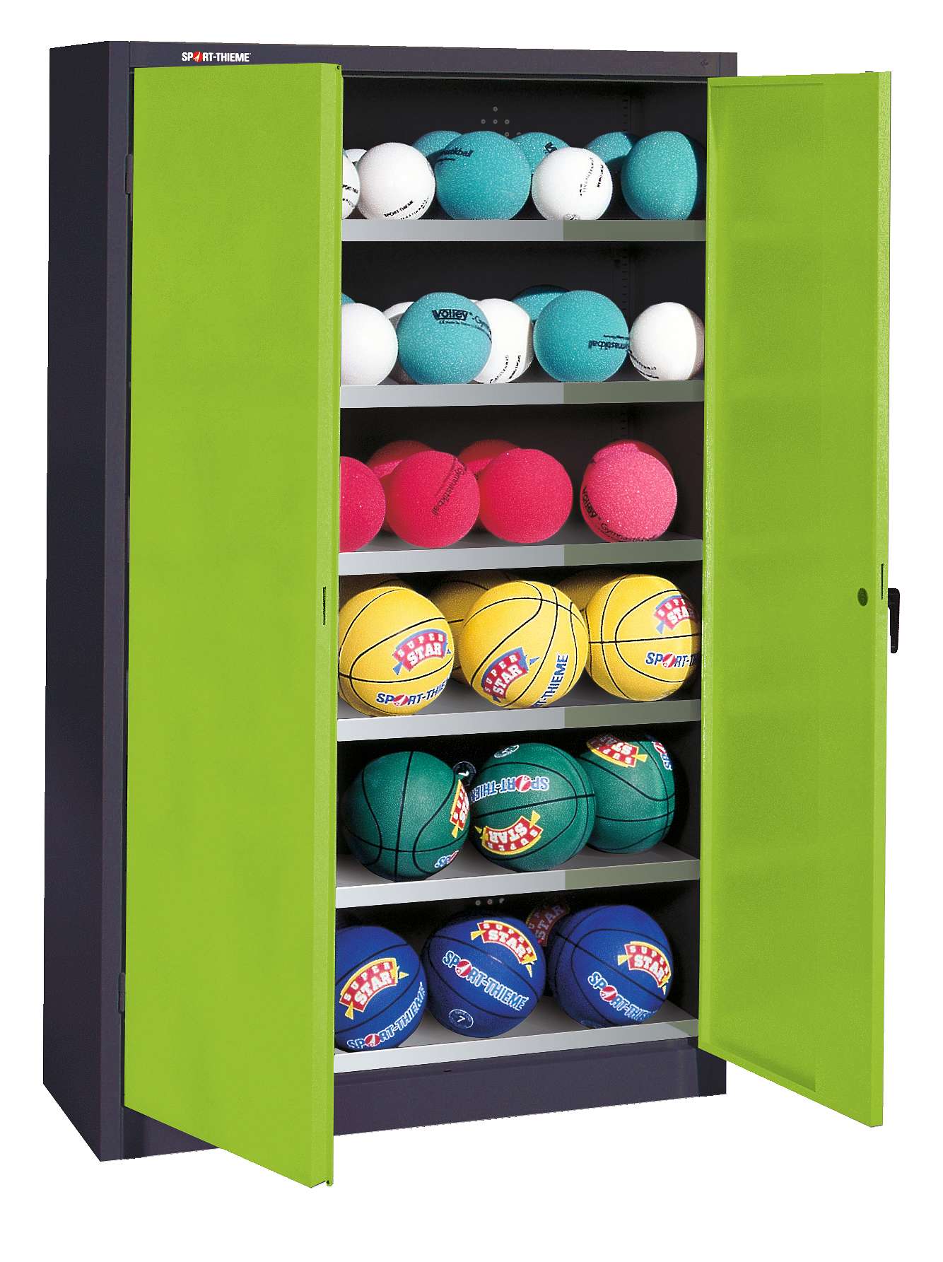 C+P Ballschrank mit Vollblech-Flügeltüren (Typ 3), HxBxT 195x93x40 cm, Clowngrün (RAL 110 80 60), Anthrazit (RAL 7021), Einzelschließung