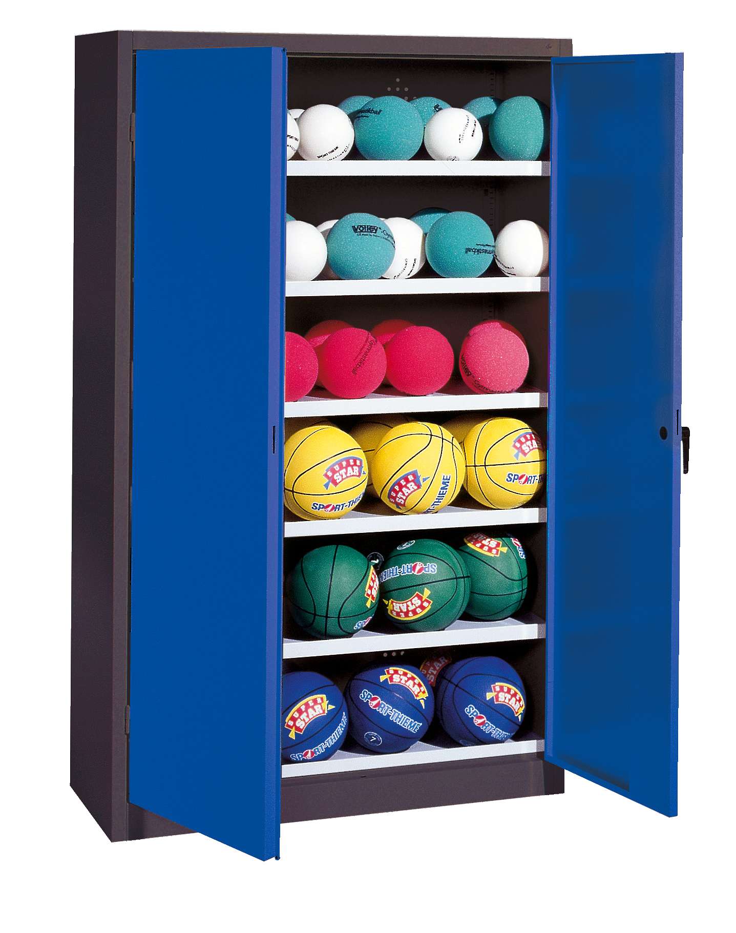C+P Ballschrank mit Vollblech-Flügeltüren (Typ 3), HxBxT 195x93x50 cm, Enzianblau (RAL 5010), Anthrazit (RAL 7021), Einzelschließung