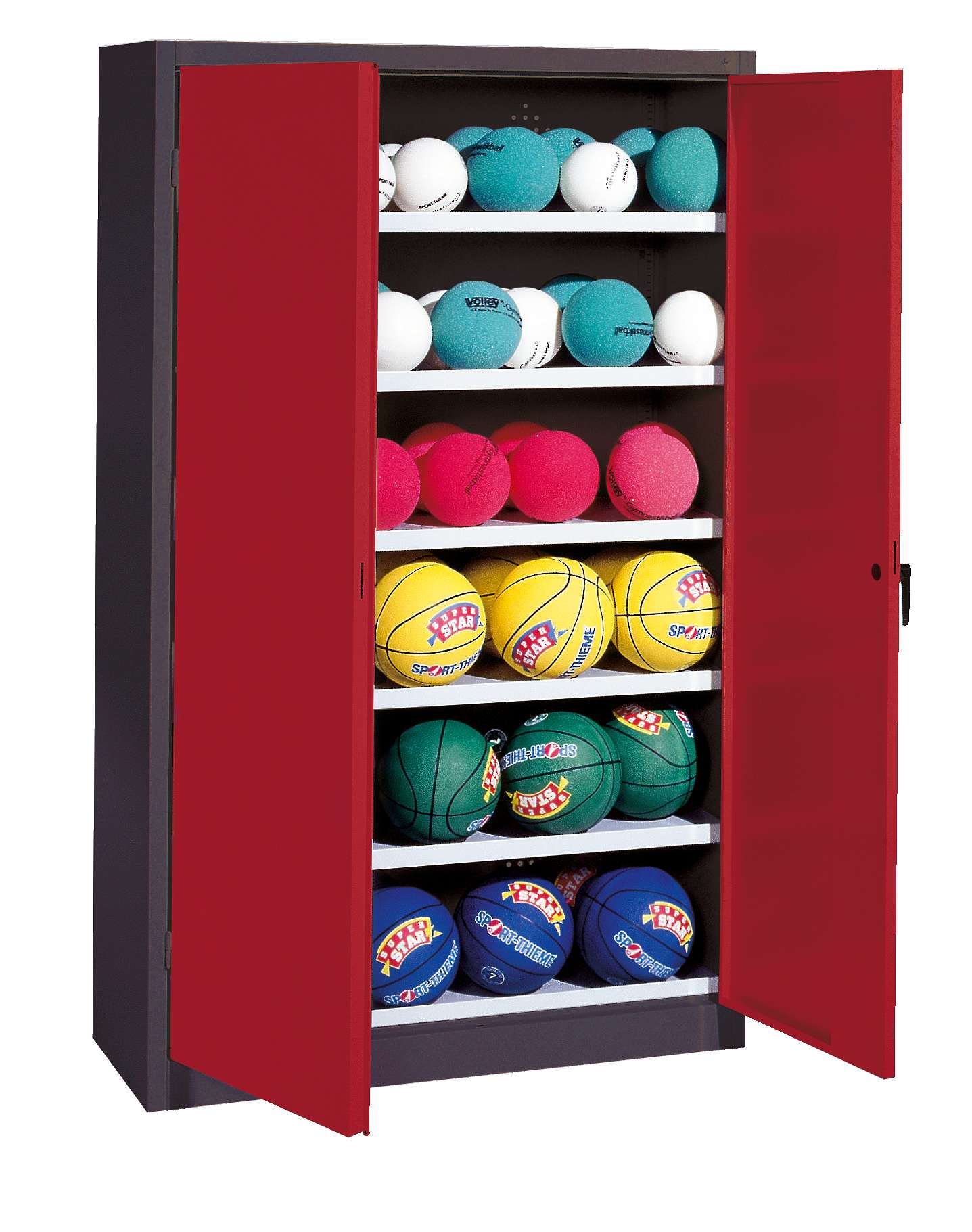 C+P Ballschrank mit Vollblech-Flügeltüren (Typ 3), HxBxT 195x120x40 cm, Rubinrot (RAL 3003), Anthrazit (RAL 7021), Einzelschließung