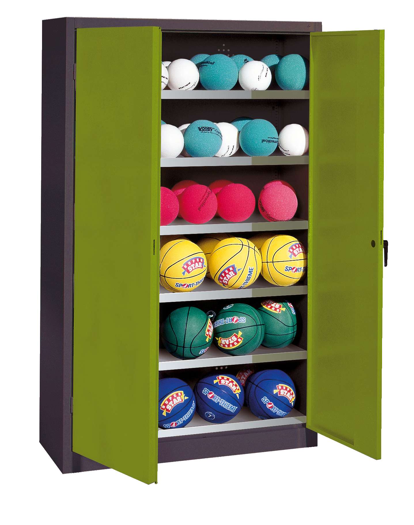 C+P Ballschrank mit Vollblech-Flügeltüren (Typ 3), HxBxT 195x120x40 cm, Clowngrün (RAL 110 80 60), Anthrazit (RAL 7021), Einzelschließung