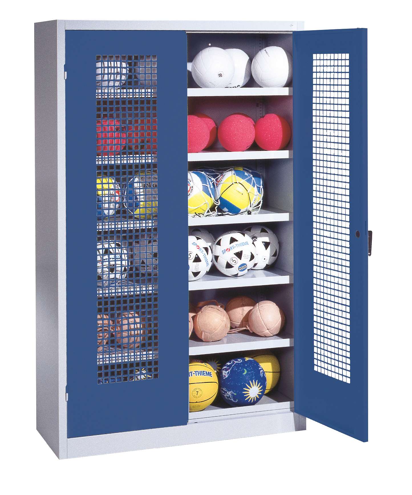 C+P Ballschrank mit Lochblech-Flügeltüren (Typ 3), HxBxT 195x120x50 cm, Enzianblau (RAL 5010), Einzelschließung