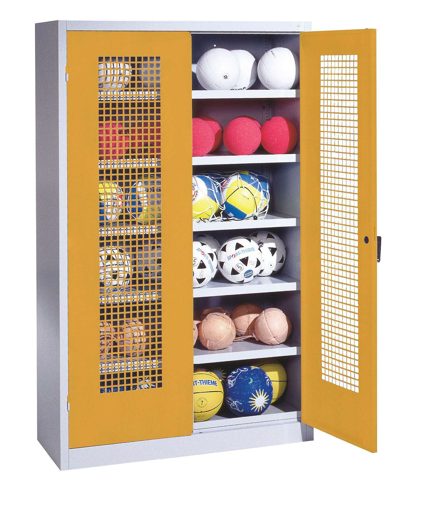 C+P Ballschrank mit Lochblech-Flügeltüren (Typ 3), HxBxT 195x120x50 cm, Goldgelb (RAL 1004), Einzelschließung