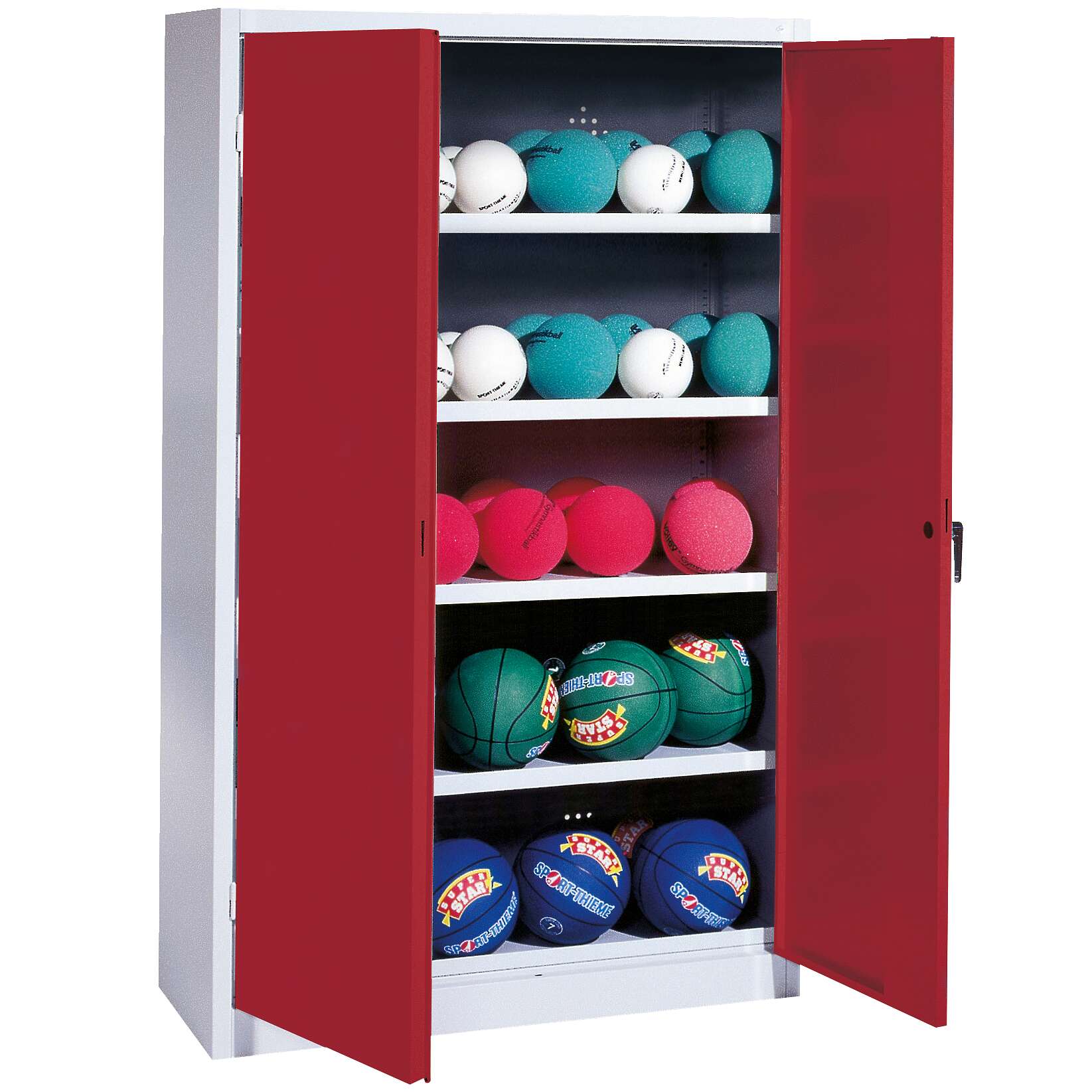 C+P Ballschrank mit Vollblech-Flügeltüren (Typ 3), HxBxT 195x150x50 cm, Rubinrot (RAL 3003), Einzelschließung