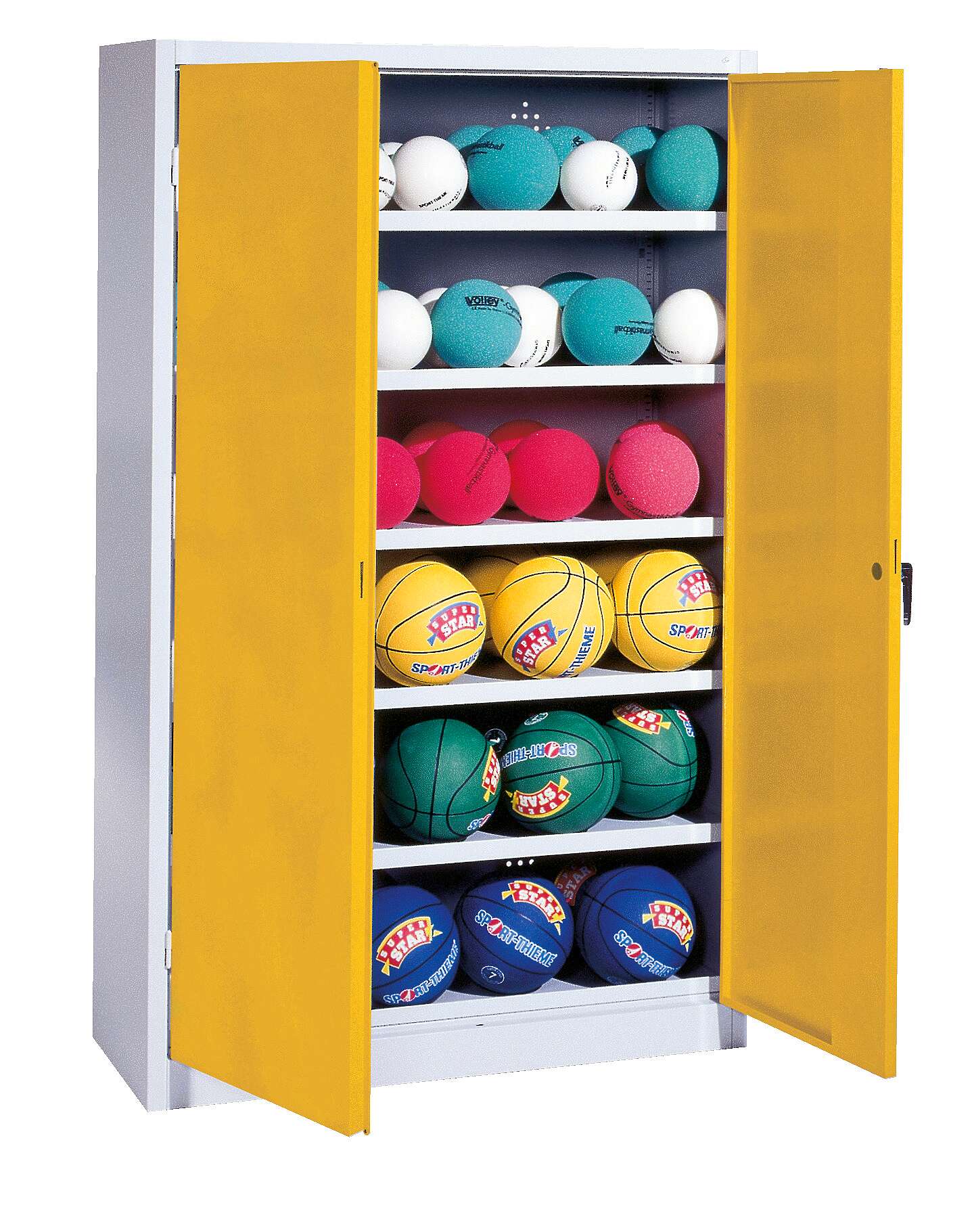 C+P Ballschrank mit Vollblech-Flügeltüren (Typ 3), HxBxT 195x150x50 cm, Verkehrsgelb (RAL 1023), Einzelschließung