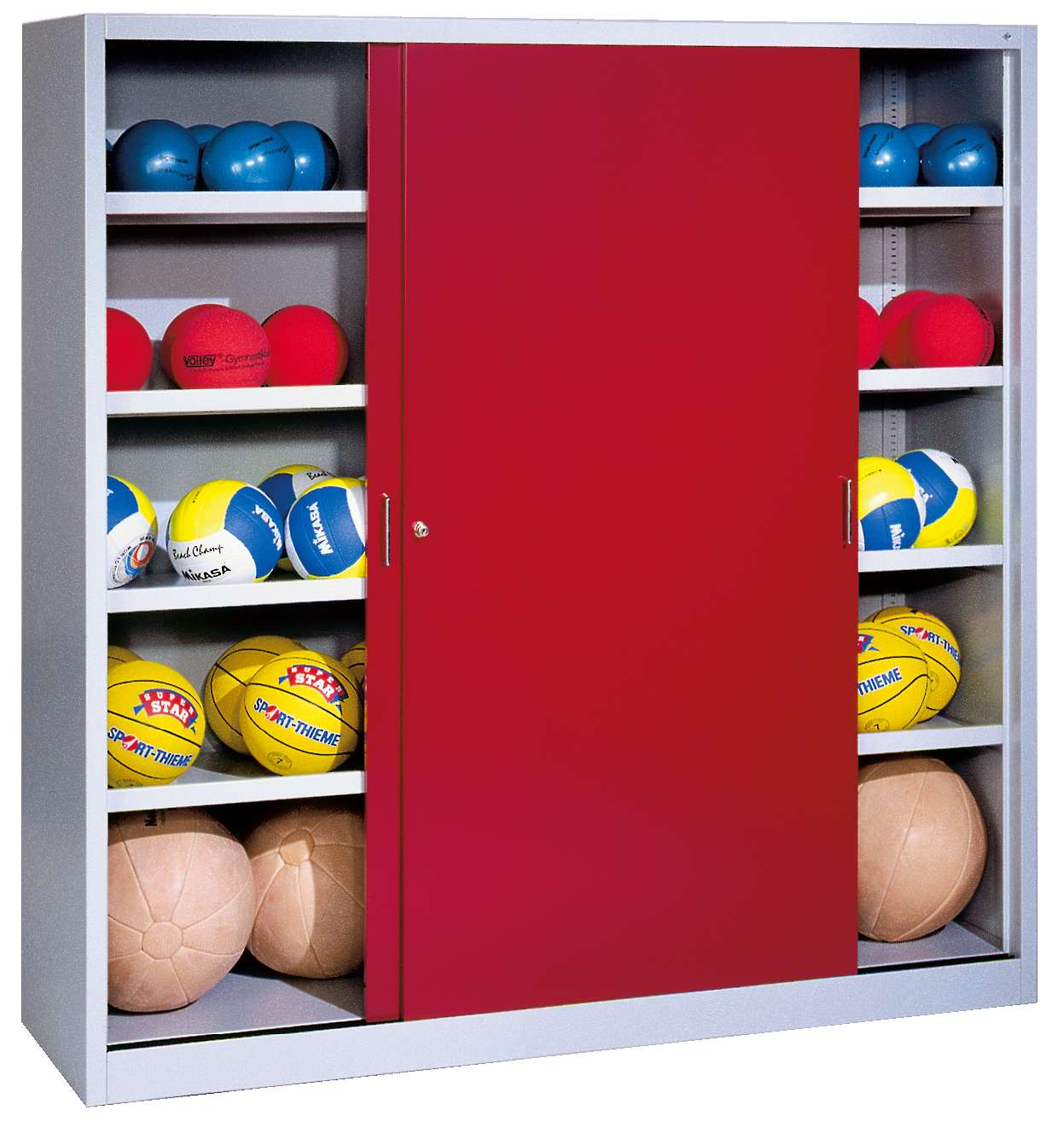 C+P Ballschrank mit Vollblech-Schiebetüren (Typ 4), HxBxT 195x190x60 cm, Rubinrot (RAL 3003), Lichtgrau (RAL 7035), Einzelschließung