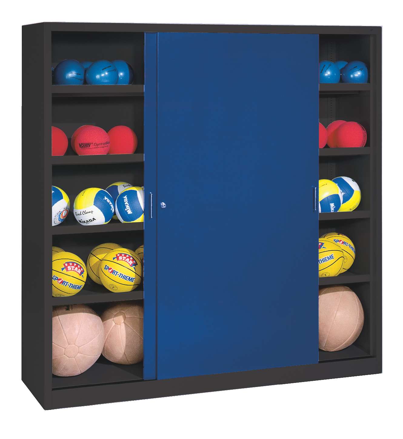 C+P Ballschrank mit Vollblech-Schiebetüren (Typ 4), HxBxT 195x190x60 cm, Enzianblau (RAL 5010), Anthrazit (RAL 7021), Einzelschließung