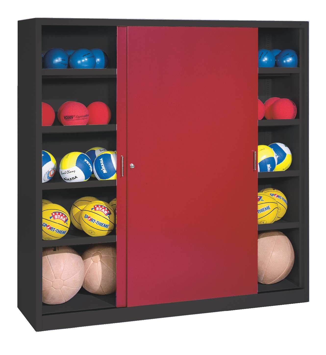 C+P Ballschrank mit Vollblech-Schiebetüren (Typ 4), HxBxT 195x190x60 cm, Rubinrot (RAL 3003), Anthrazit (RAL 7021), Einzelschließung