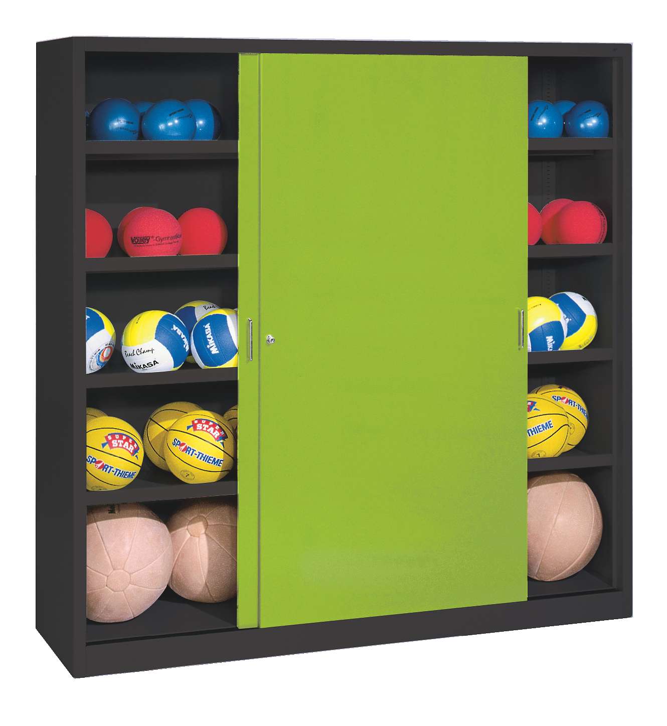 C+P Ballschrank mit Vollblech-Schiebetüren (Typ 4), HxBxT 195x190x60 cm, Clowngrün (RAL 110 80 60), Anthrazit (RAL 7021), Einzelschließung
