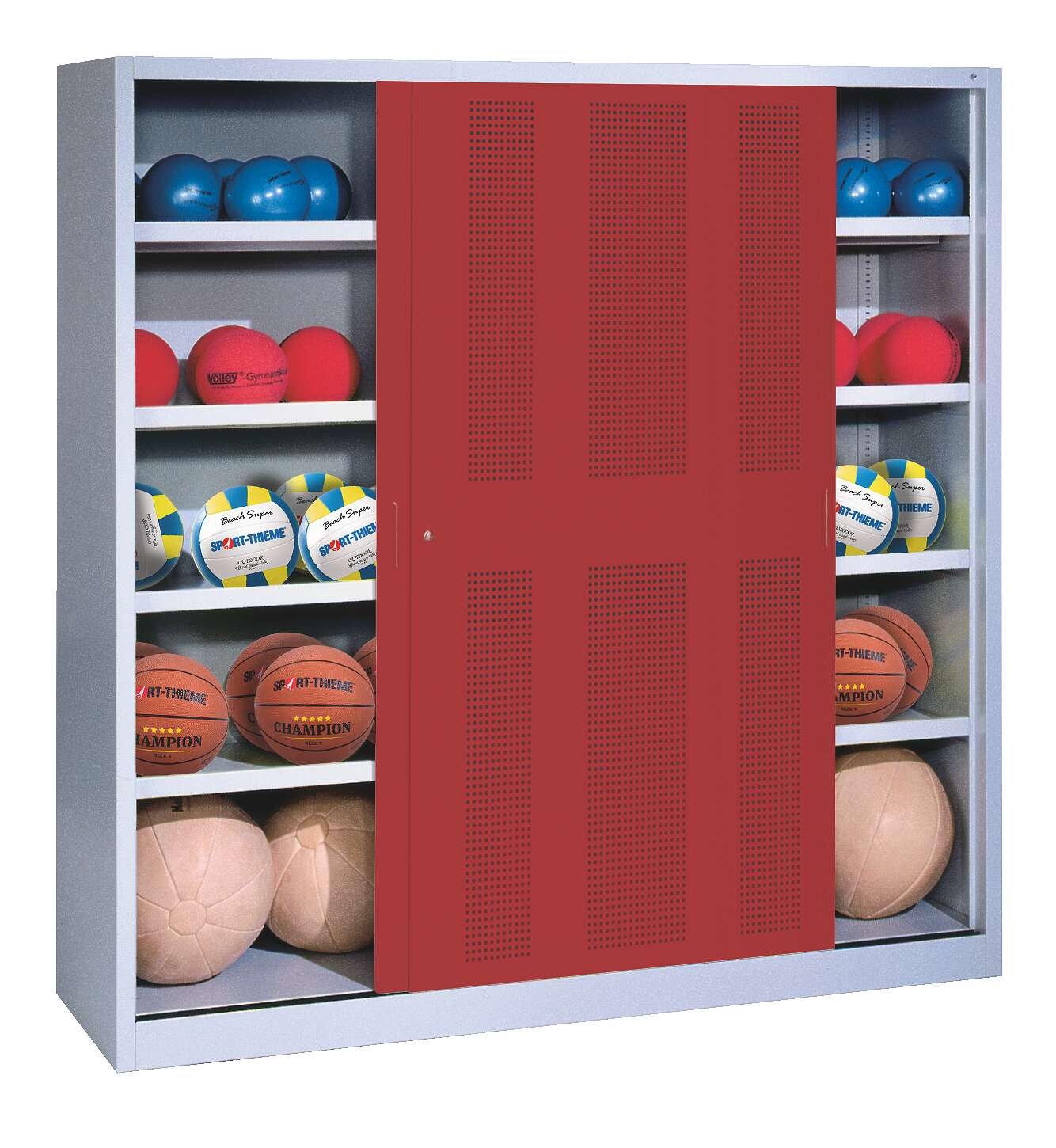 C+P Ballschrank mit Lochblech-Schiebetüren (Typ 4), HxBxT 195x190x60 cm, Rubinrot (RAL 3003), Einzelschließung
