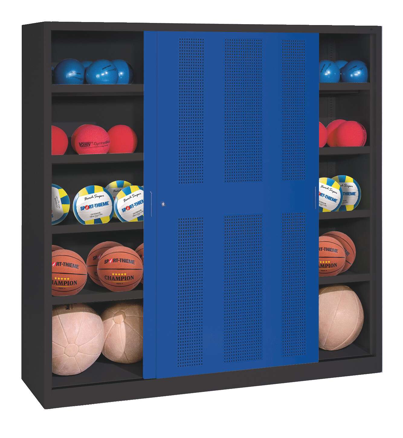 C+P Ballschrank mit Lochblech-Schiebetüren (Typ 4), HxBxT 195x190x60 cm, Enzianblau (RAL 5010), Anthrazit (RAL 7021), Einzelschließung