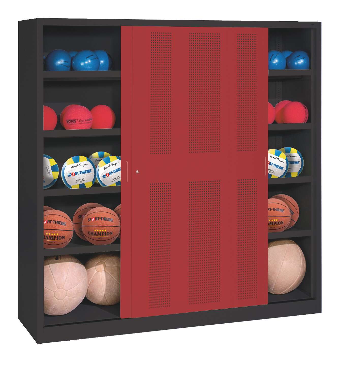 C+P Ballschrank mit Lochblech-Schiebetüren (Typ 4), HxBxT 195x190x60 cm, Rubinrot (RAL 3003), Anthrazit (RAL 7021), Einzelschließung