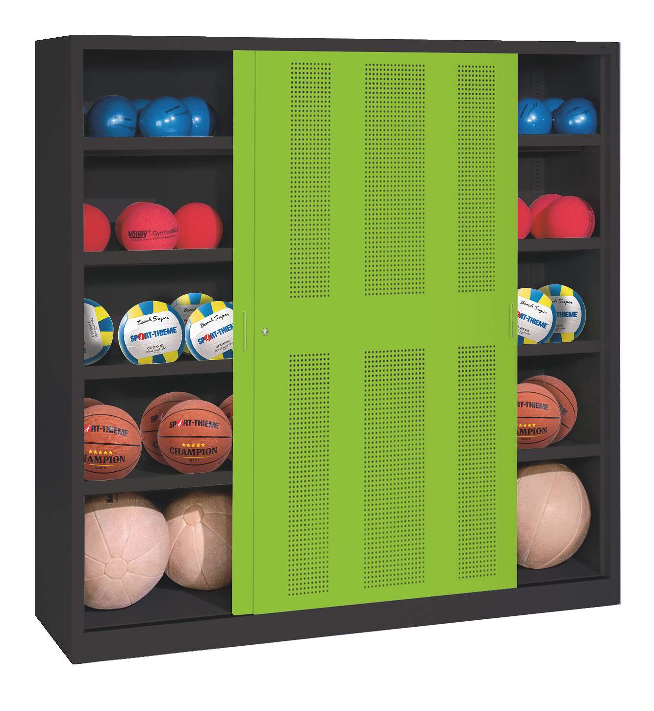 C+P Ballschrank mit Lochblech-Schiebetüren (Typ 4), HxBxT 195x190x60 cm, Clowngrün (RAL 110 80 60), Anthrazit (RAL 7021), Einzelschließung