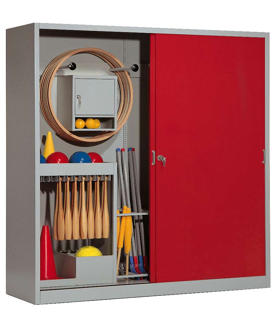 C+P Sportgeräteschrank mit Vollblech-Schiebetüren (Typ 5), HxBxT 195x190x60 cm, Rubinrot (RAL 3003), Lichtgrau (RAL 7035), Einzelschließung