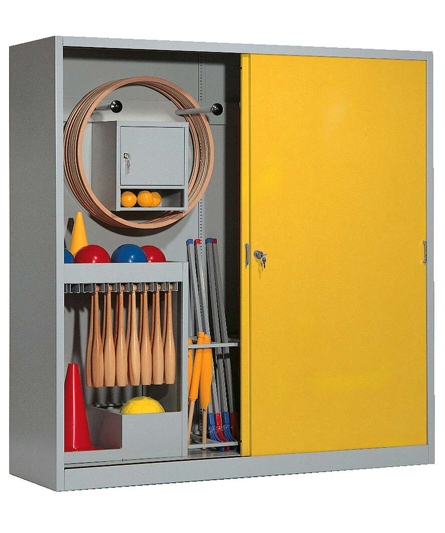 C+P Sportgeräteschrank mit Vollblech-Schiebetüren (Typ 5), HxBxT 195x190x60 cm, Verkehrsgelb (RAL 1023), Einzelschließung