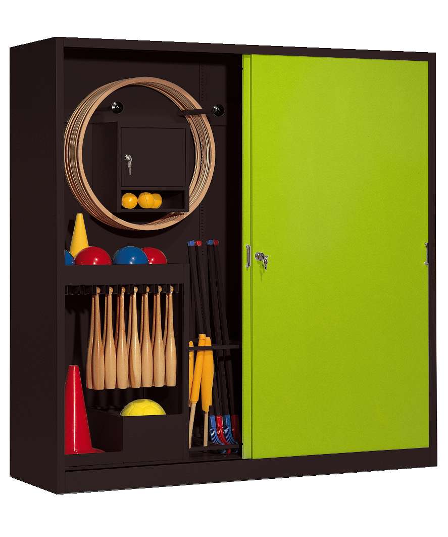 C+P Sportgeräteschrank mit Vollblech-Schiebetüren (Typ 5), HxBxT 195x190x60 cm, Clowngrün (RAL 110 80 60), Anthrazit (RAL 7021), Einzelschließung