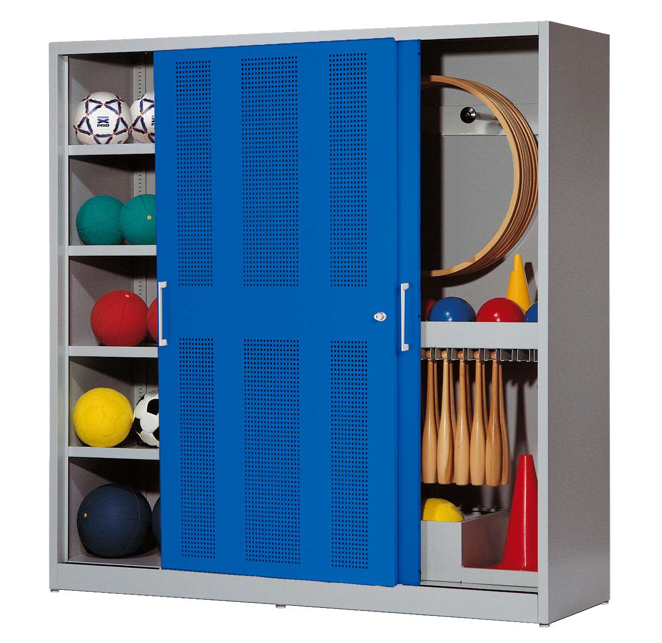 C+P Sportgeräteschrank mit Lochblech-Schiebetüren (Typ 5), HxBxT 195x190x60 cm, Enzianblau (RAL 5010), Lichtgrau (RAL 7035), Einzelschließung