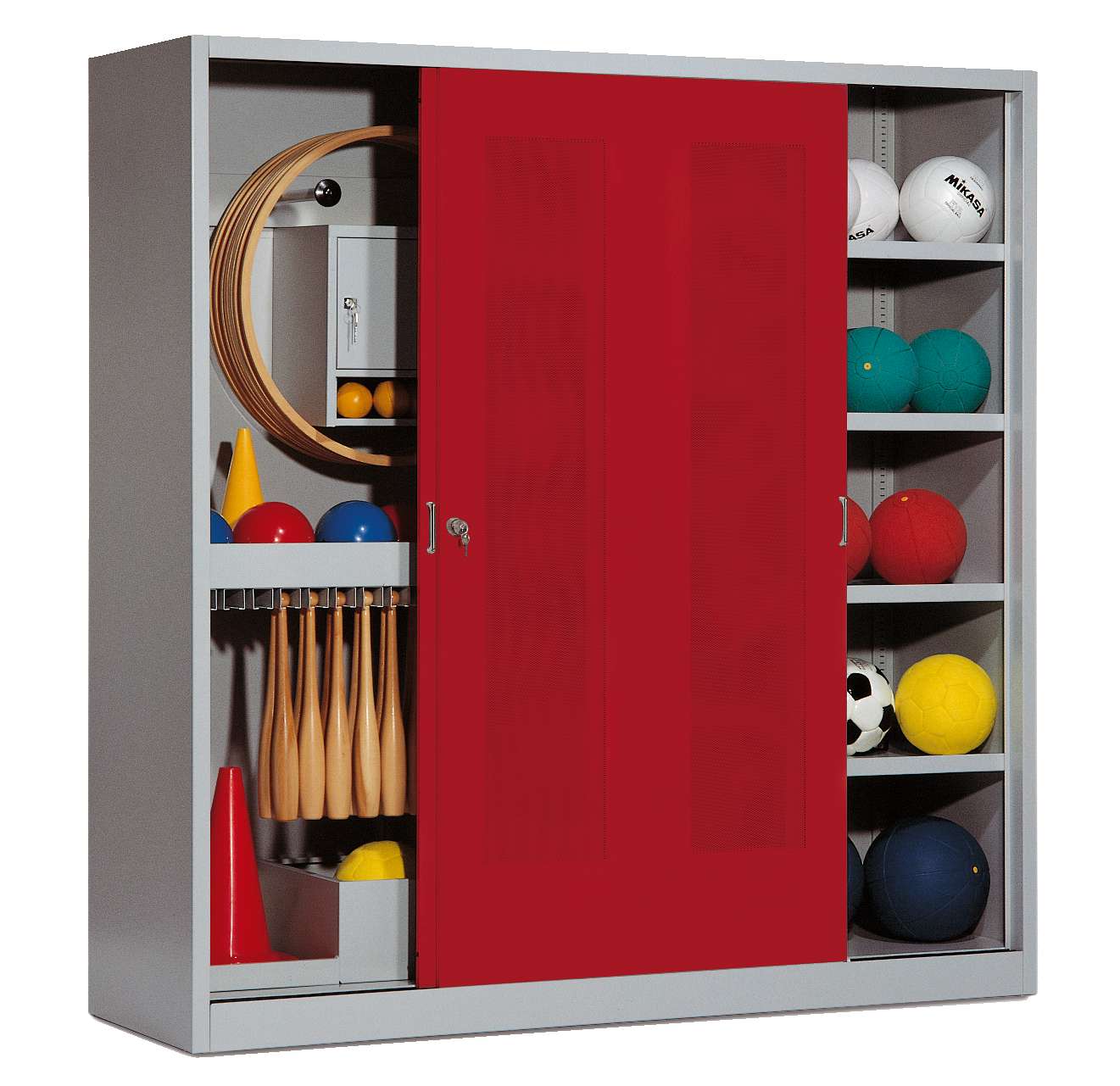 C+P Sportgeräteschrank mit Lochblech-Schiebetüren (Typ 5), HxBxT 195x190x60 cm, Rubinrot (RAL 3003), Lichtgrau (RAL 7035), Einzelschließung