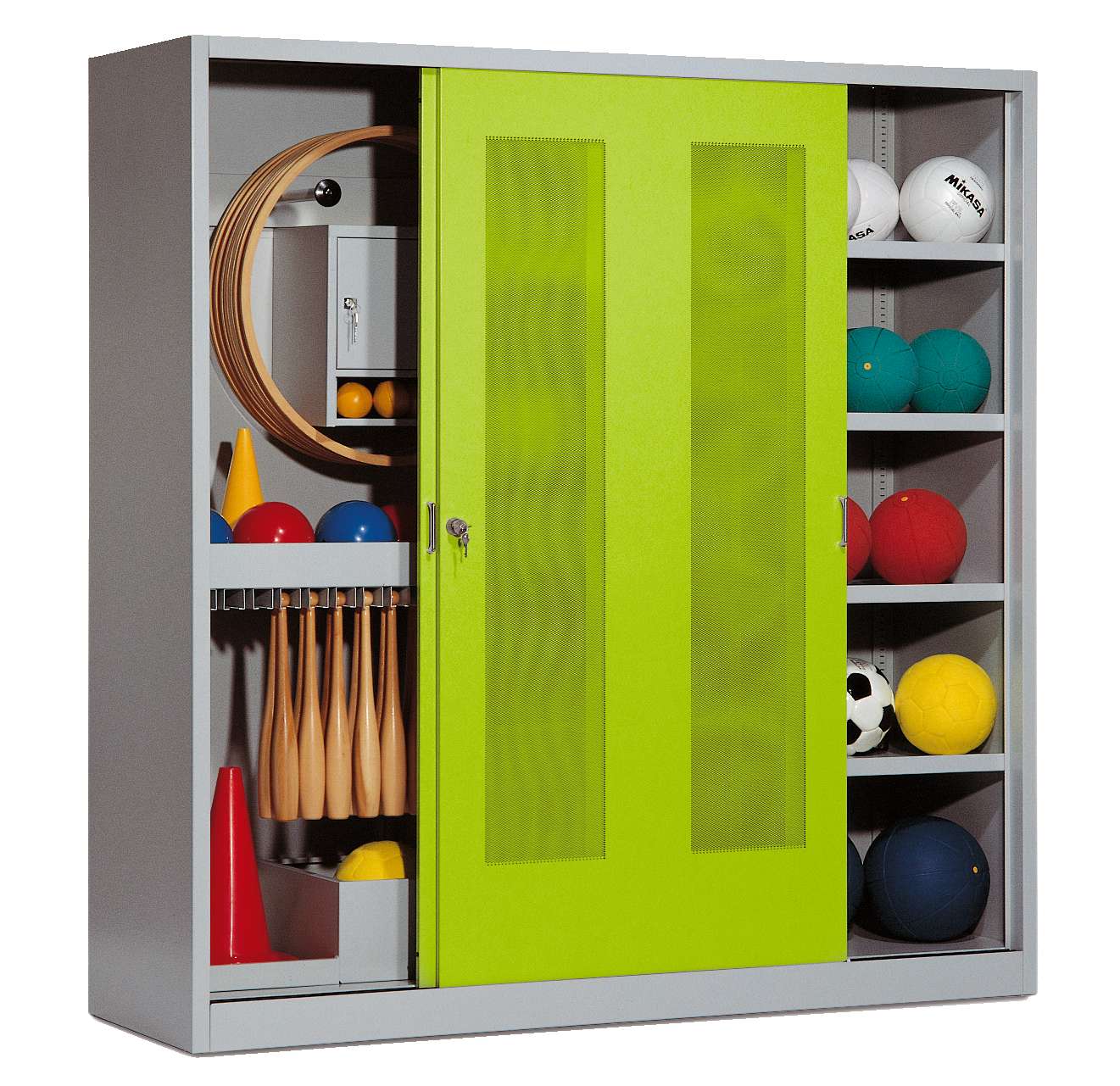 C+P Sportgeräteschrank mit Lochblech-Schiebetüren (Typ 5), HxBxT 195x190x60 cm, Clowngrün (RAL 110 80 60), Einzelschließung
