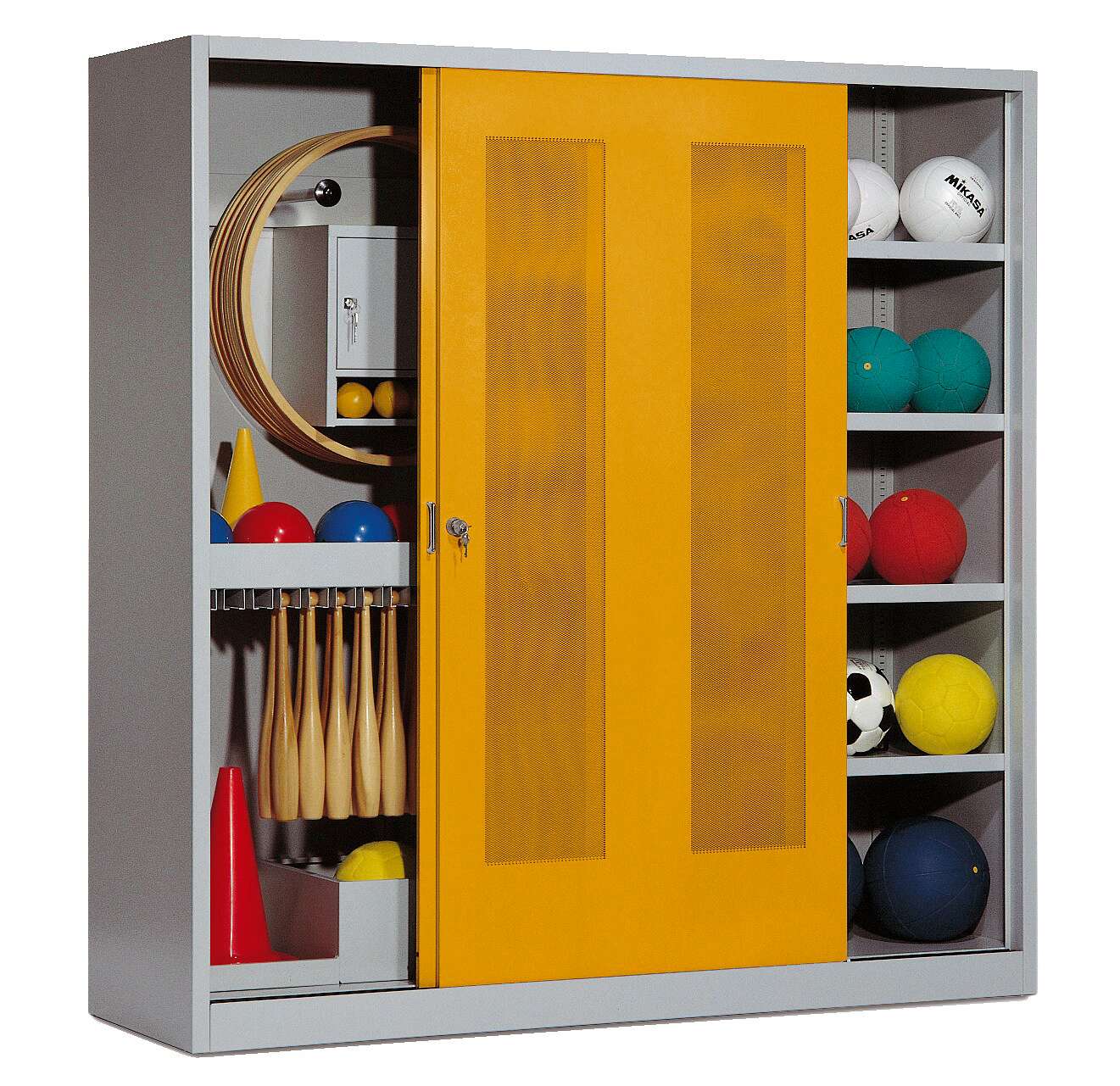 C+P Sportgeräteschrank mit Lochblech-Schiebetüren (Typ 5), HxBxT 195x190x60 cm, Goldgelb (RAL 1004), Einzelschließung