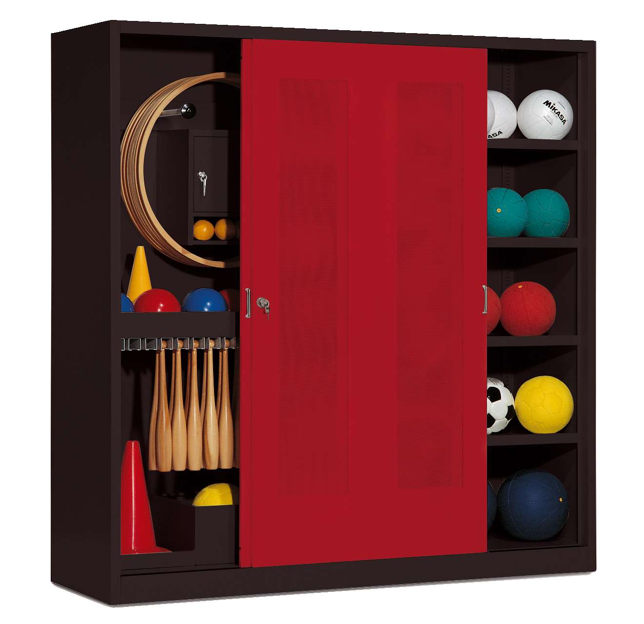 C+P Sportgeräteschrank mit Lochblech-Schiebetüren (Typ 5), HxBxT 195x190x60 cm, Rubinrot (RAL 3003), Anthrazit (RAL 7021), Einzelschließung