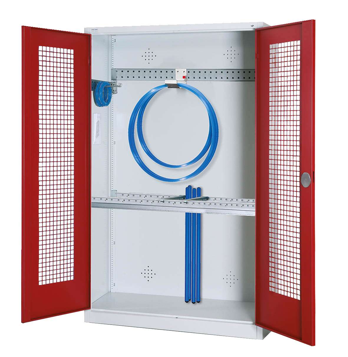 C+P Modul-Sportgeräteschrank „Grundausstattung“ mit Lochblech-Flügeltüren, HxBxT 195x120x50 cm, Rubinrot (RAL 3003), Einzelschließung