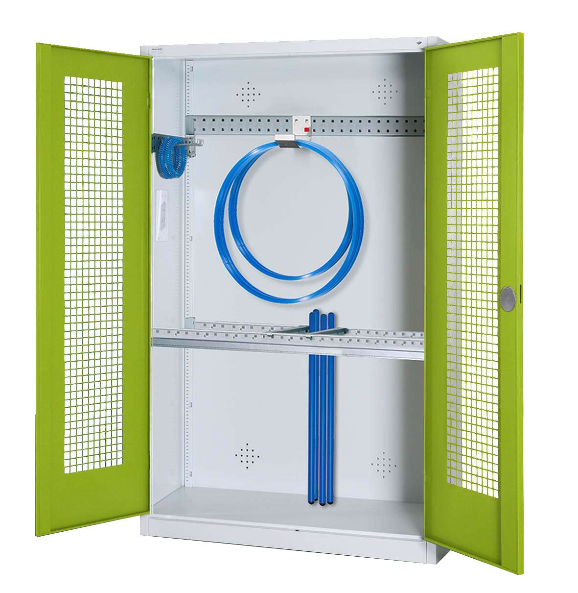 C+P Modul-Sportgeräteschrank „Grundausstattung“ mit Lochblech-Flügeltüren, HxBxT 195x120x50 cm, Clowngrün (RAL 110 80 60), Einzelschließung