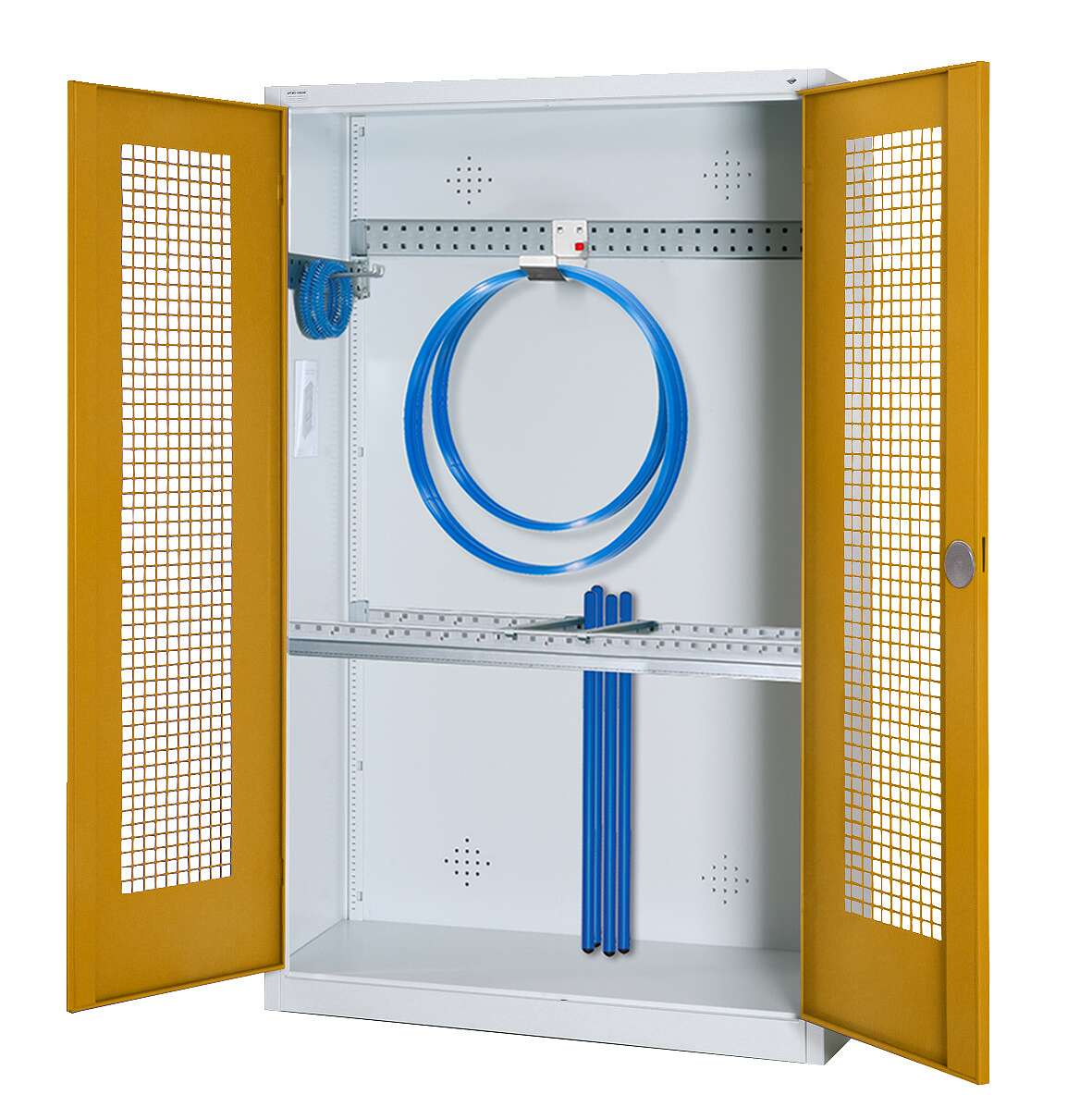 C+P Modul-Sportgeräteschrank „Grundausstattung“ mit Lochblech-Flügeltüren, HxBxT 195x120x50 cm, Goldgelb (RAL 1004), Einzelschließung
