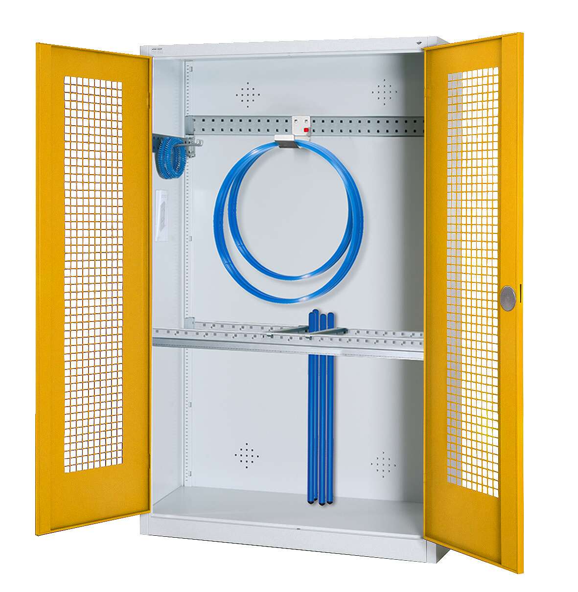 C+P Modul-Sportgeräteschrank „Grundausstattung“ mit Lochblech-Flügeltüren, HxBxT 195x120x50 cm, Verkehrsgelb (RAL 1023), Einzelschließung