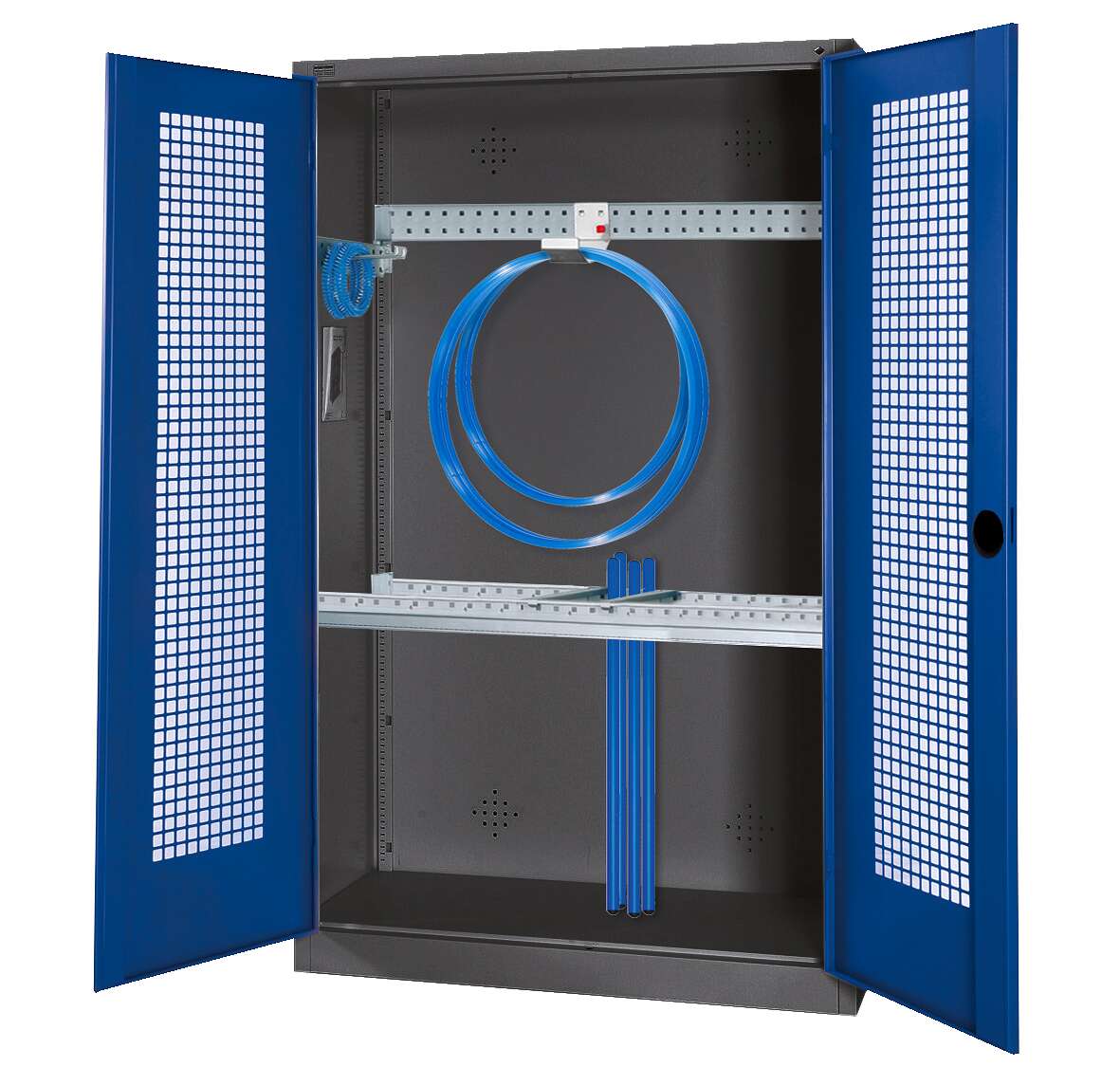 C+P Modul-Sportgeräteschrank „Grundausstattung“ mit Lochblech-Flügeltüren, HxBxT 195x120x50 cm, Enzianblau (RAL 5010), Ergo-Lock Muldengriff, Anthrazit (RAL 7021), Einzelschließung