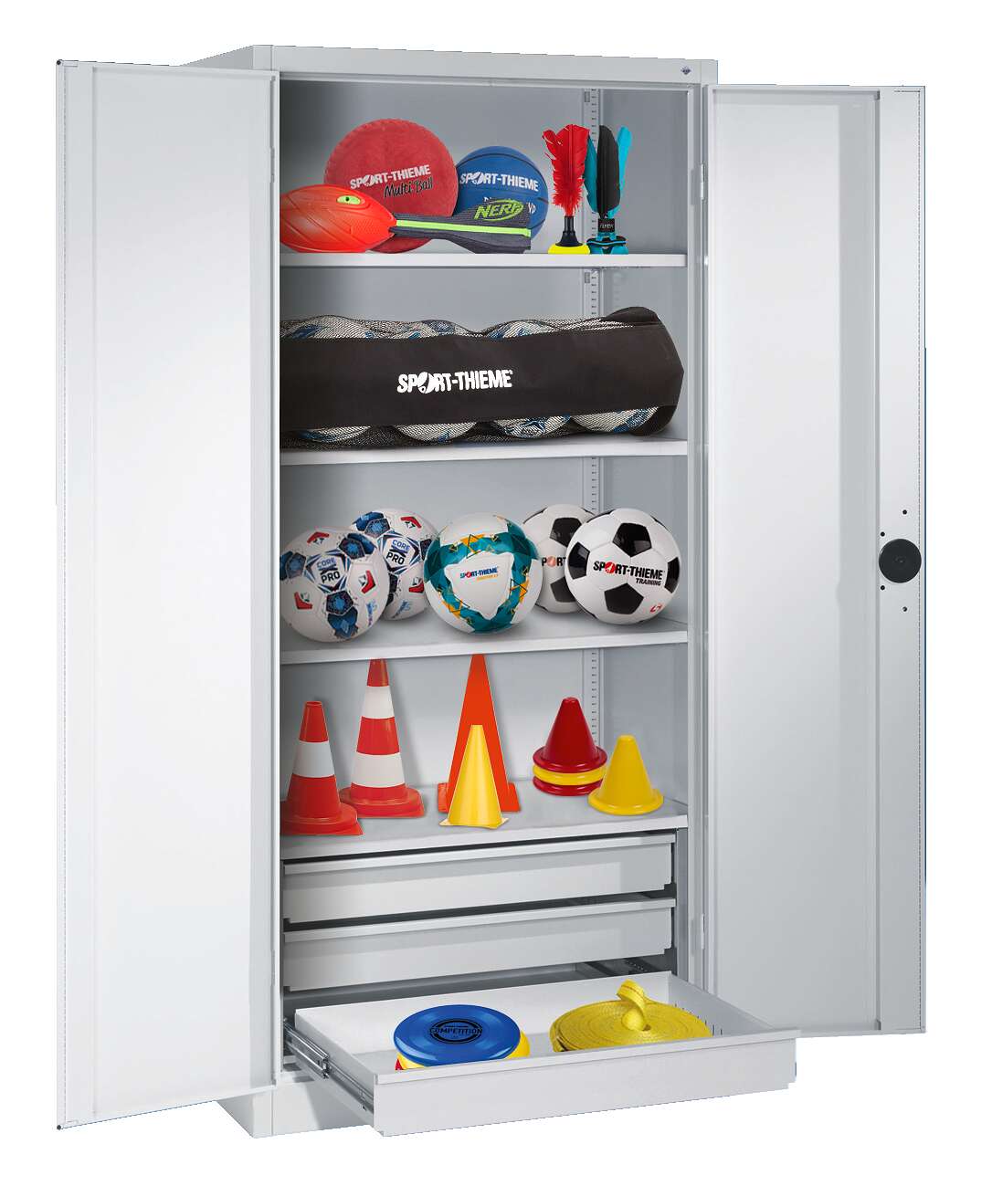 C+P Sportgeräteschrank mit Schubladen und Vollblech-Flügeltüren (Typ 4), HxBxT 195x120x50 cm, Goldgelb (RAL 1004), Einzelschließung