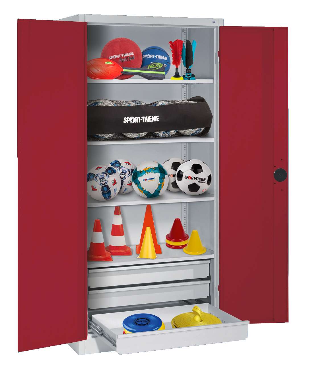 C+P Sportgeräteschrank mit Schubladen und Vollblech-Flügeltüren (Typ 4), HxBxT 195x120x50 cm, Rubinrot (RAL 3003), Einzelschließung