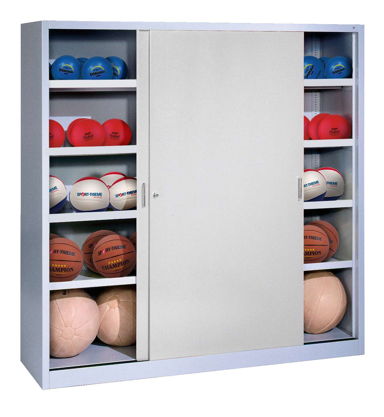 C+P Ballschrank mit Vollblech-Schiebetüren (Typ 4), HxBxT 195x120x50 cm, Lichtgrau (RAL 7035), Lichtgrau (RAL 7035), Einzelschließung