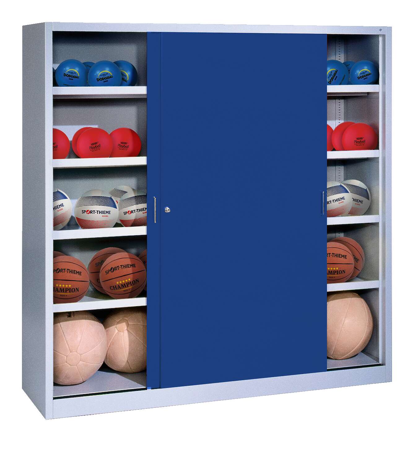 C+P Ballschrank mit Vollblech-Schiebetüren (Typ 4), HxBxT 195x120x50 cm, Enzianblau (RAL 5010), Lichtgrau (RAL 7035), Einzelschließung