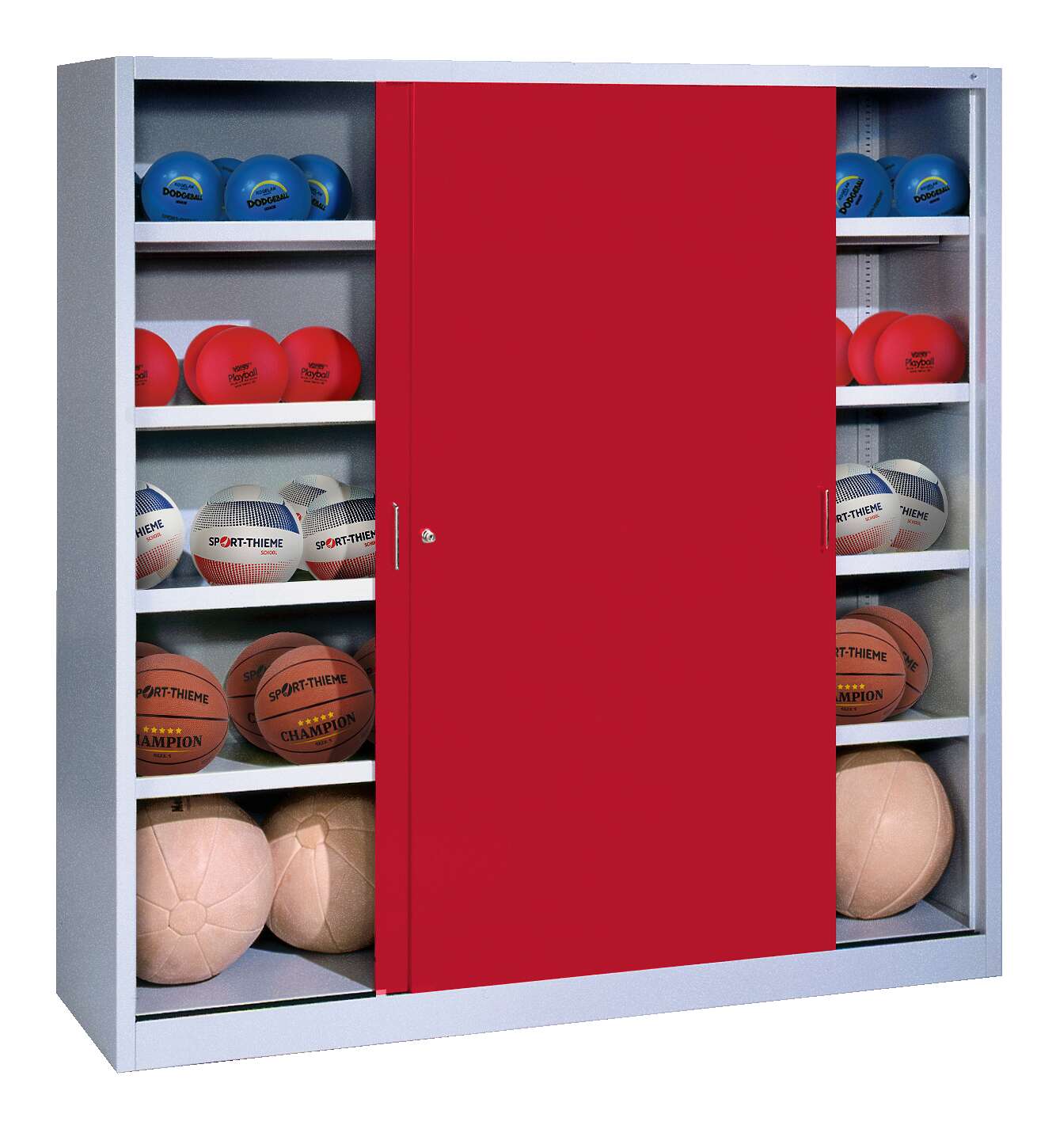 C+P Ballschrank mit Vollblech-Schiebetüren (Typ 4), HxBxT 195x120x50 cm, Rubinrot (RAL 3003), Lichtgrau (RAL 7035), Einzelschließung